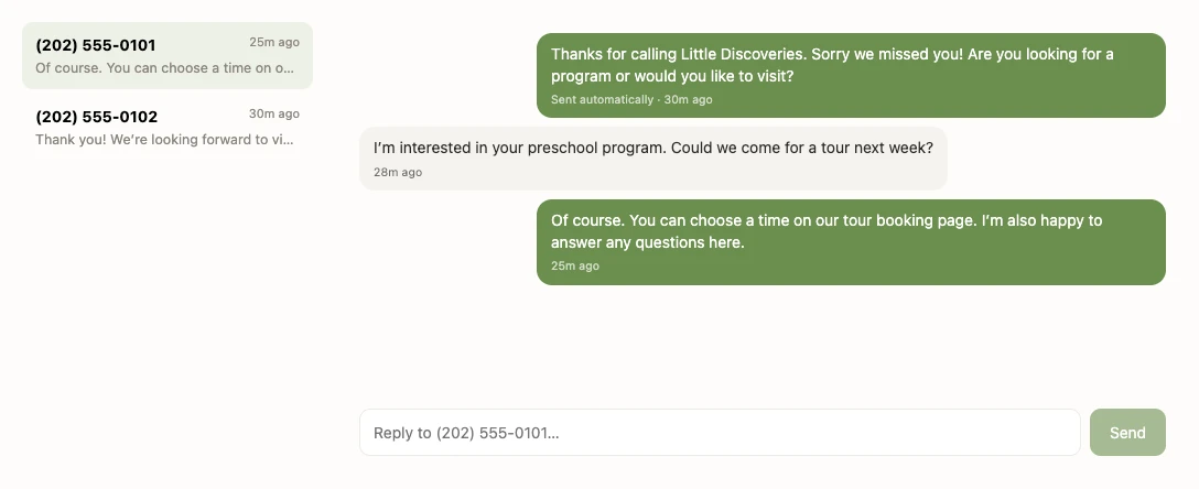 Demo message inbox: an automatic missed-call reply, a parent asking about a preschool tour, and an owner response.